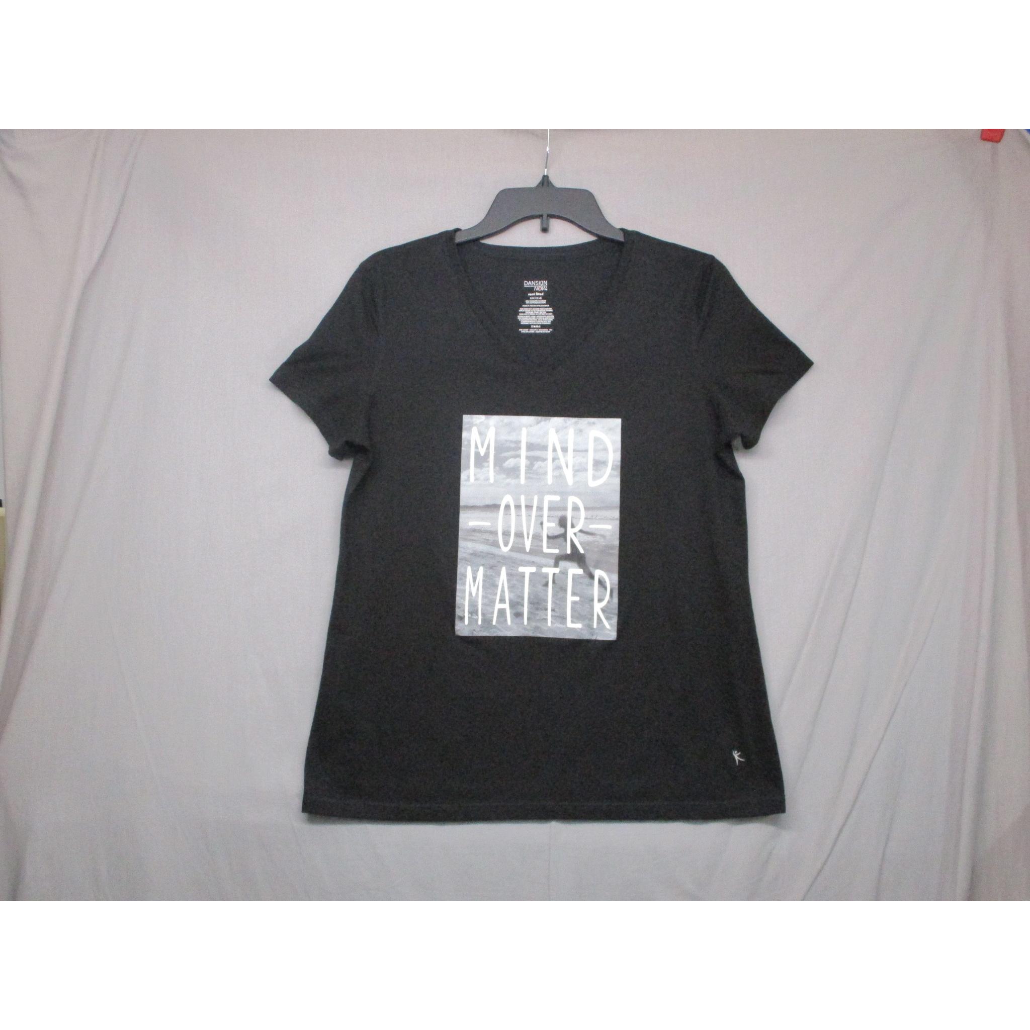Danskin Now Black V-Neck Text Print T-Shirt Womens Size Large